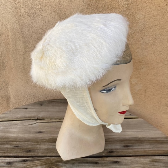 VTG 1940s Off White Wool Rabbit Fur Turban Platter Hat OS - Picture 6 of 10